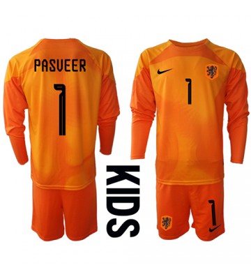 Nederländerna Remko Pasveer #1 Målvakt Bortaställ Barn VM 2022 Långärmad (+ Korta byxor)